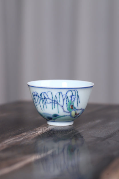 斗彩王羲之爱鹅敞口杯
尺寸：口径7.8高4.6
容量：80ml